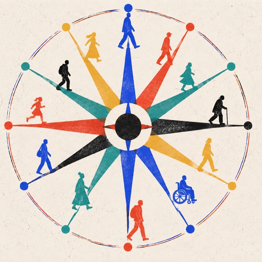 Twelve-spoked compass with people walking along each spoke
